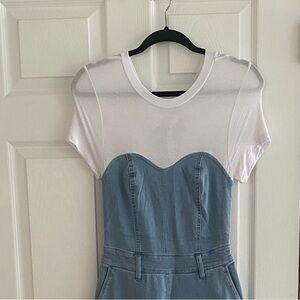 VENUS White and Blue Short Sleeve Bustier Tee Jumpsuit